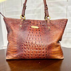 Brahmin Embossed Leather Tote Bag Brown Cognac Croc Style